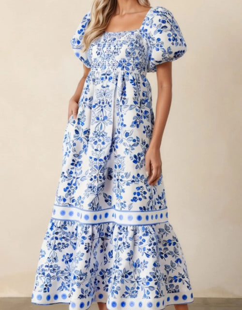 Load image into Gallery viewer, Smocked Printed Square Neck Puff Sleeve Dress

