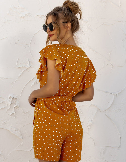 Load image into Gallery viewer, Ruffled Polka Dot Half Button Romper
