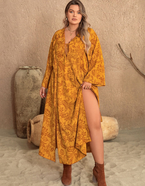 Load image into Gallery viewer, Plus Size Printed Slit Long Sleeve Dress
