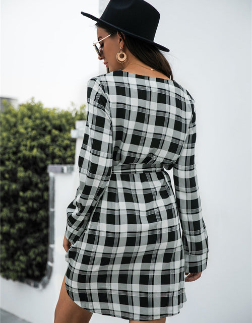 Load image into Gallery viewer, Plaid V-Neck Tie Waist Dress
