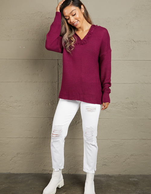 Load image into Gallery viewer, Woven Right Horizontal Ribbing Fringe Trim Hooded Sweater
