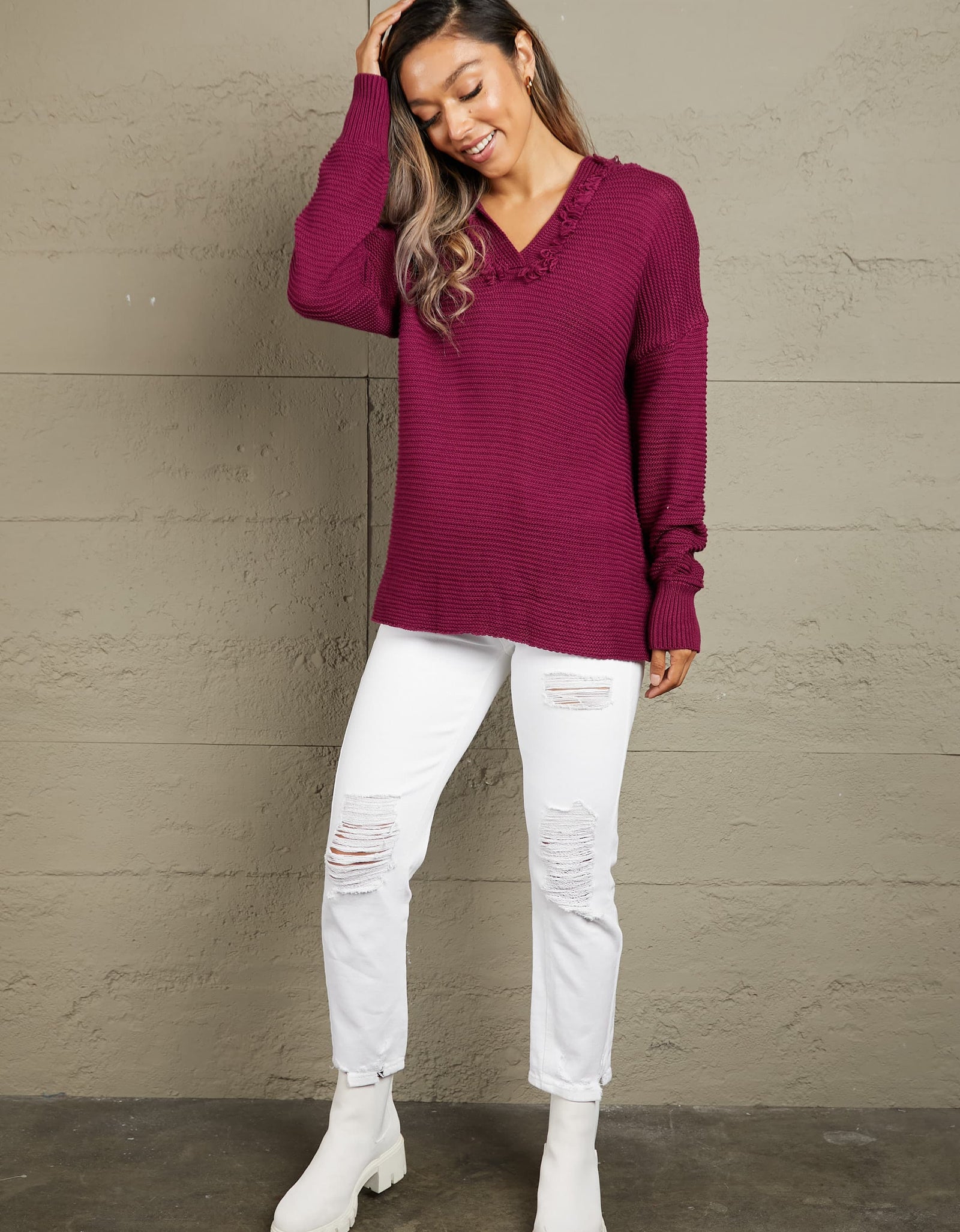 Woven Right Horizontal Ribbing Fringe Trim Hooded Sweater