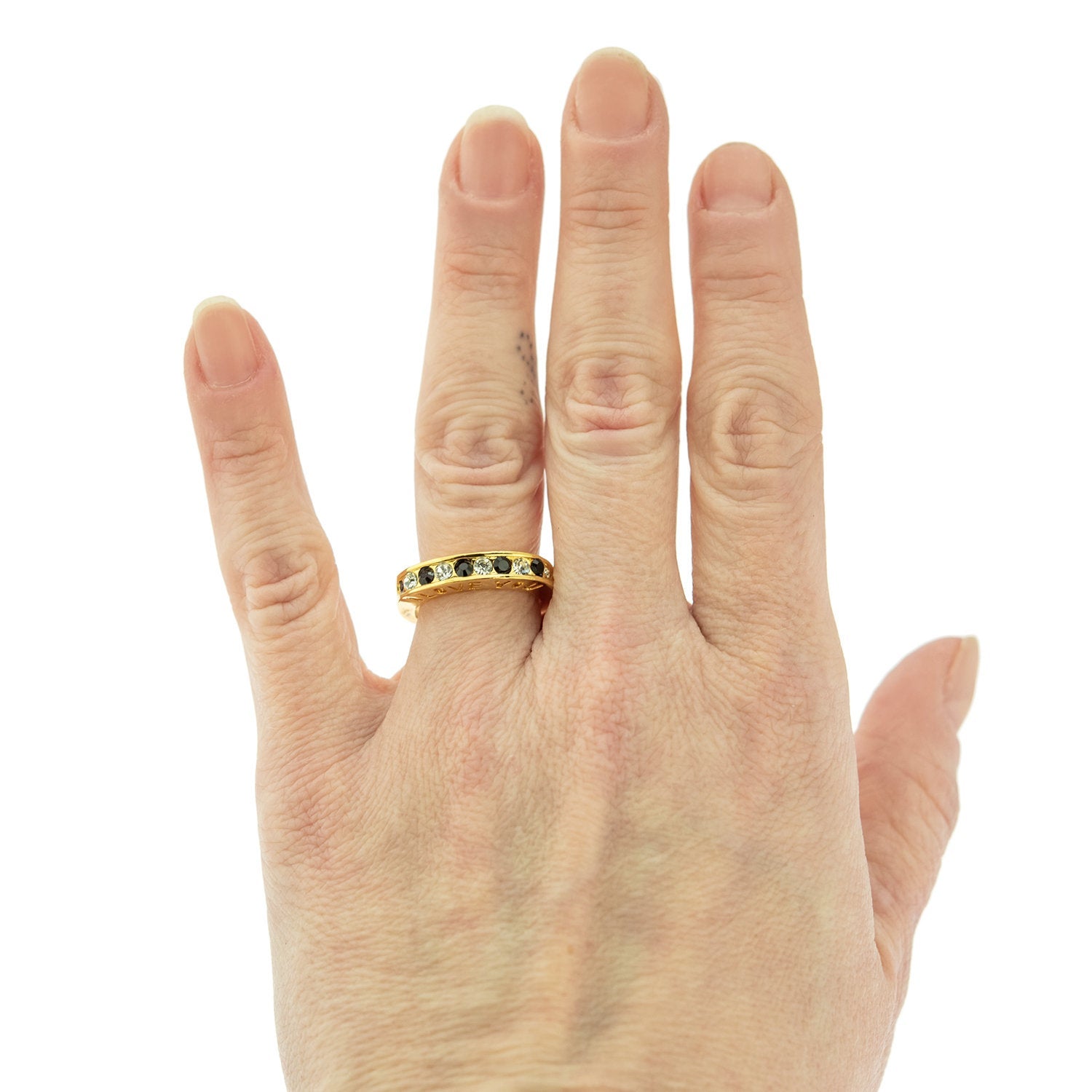 Vintage 1980s I Love You Ring Band Ring Garnet and Clear Austrian Crystals Imported by PVD Vintage Jewelry