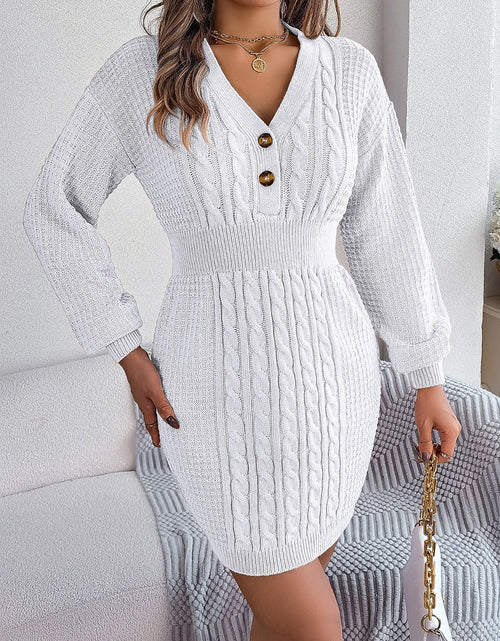 Load image into Gallery viewer, Buttoned Cable-Knit V-Neck Sweater Dress

