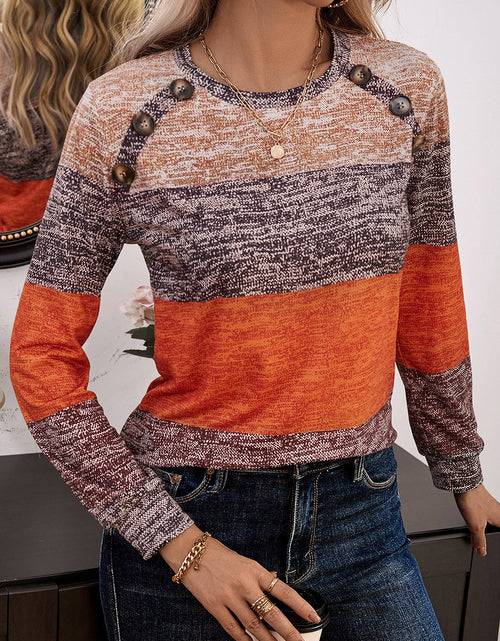 Load image into Gallery viewer, Decorative Button Contrast Round Neck Long Sleeve T-Shirt
