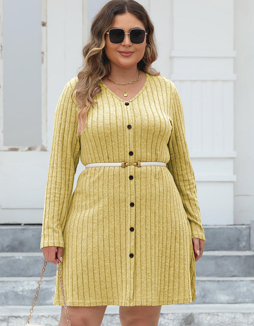 Load image into Gallery viewer, Plus Size Ribbed Buttoned V-Neck Long Sleeve Dress

