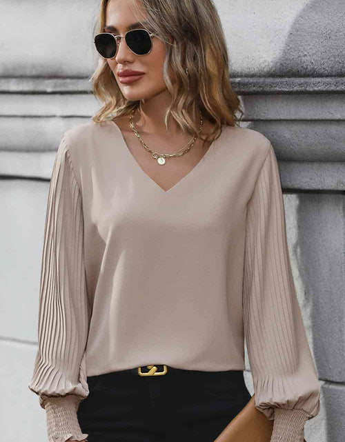 Load image into Gallery viewer, Pleated Lantern Sleeve V-Neck Blouse
