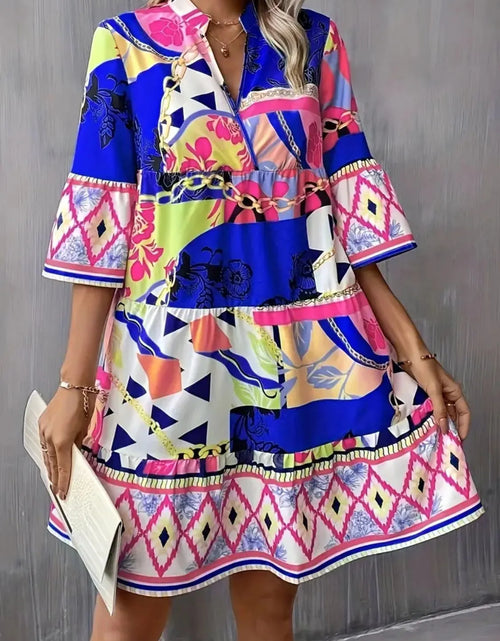 Load image into Gallery viewer, Printed Notched 3/4 Sleeve Tiered Dress
