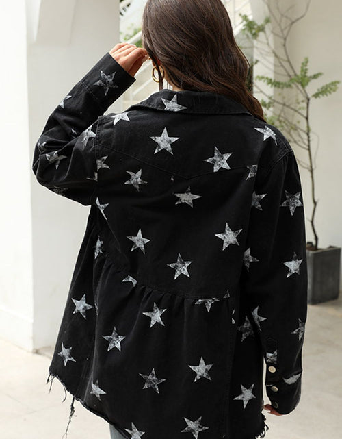 Load image into Gallery viewer, Collared Neck Star Print Long Sleeve Denim Jacket
