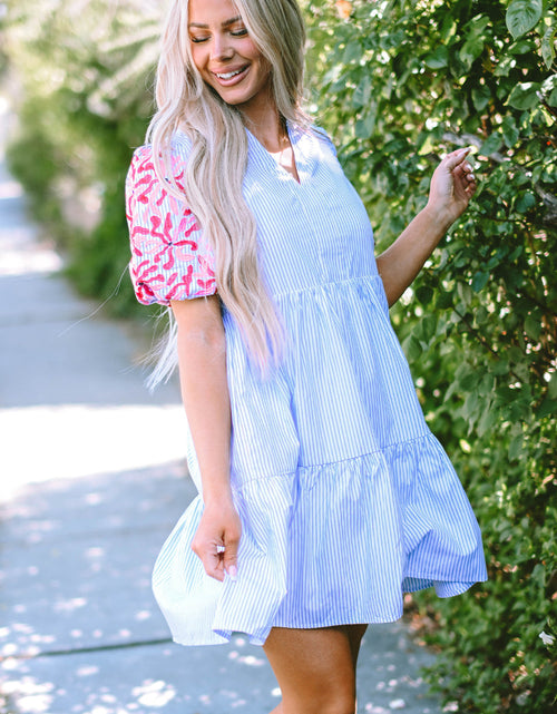 Load image into Gallery viewer, Stripe Contrast Floral Puff Sleeve Tiered Ruffle Dress by Poppy Lee Lane
