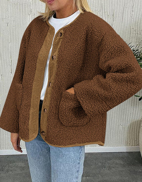 Load image into Gallery viewer, Contrast Button Up Sherpa Jacket with Pockets
