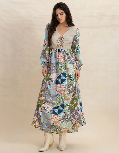 Load image into Gallery viewer, Tied Front Printed Long Sleeve Maxi Dress

