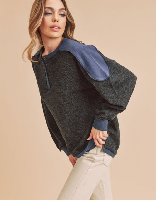 Load image into Gallery viewer, Aemi + Co Side Slit Button Detail Contrast Shoulder Sweatshirt
