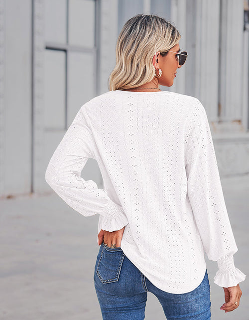 Load image into Gallery viewer, V-Neck Eyelet Flounce Sleeve Blouse

