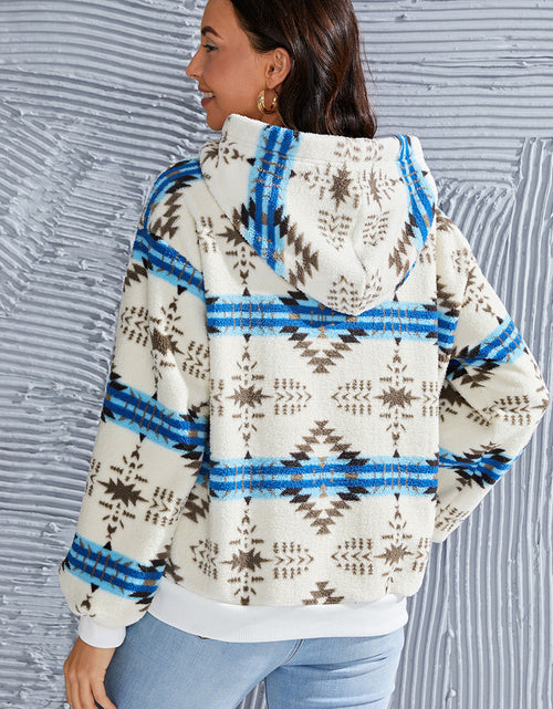 Load image into Gallery viewer, Shiny Geometric Half Zip Drawstring Long Sleeve Hoodie
