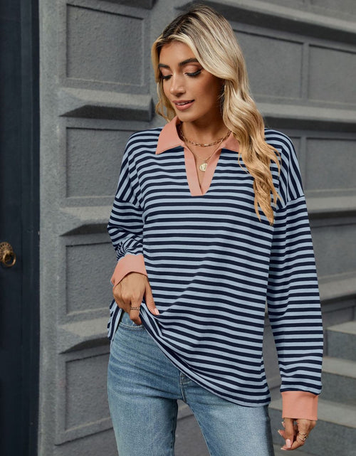 Load image into Gallery viewer, Striped Johnny Collar Long Sleeve Sweatshirt
