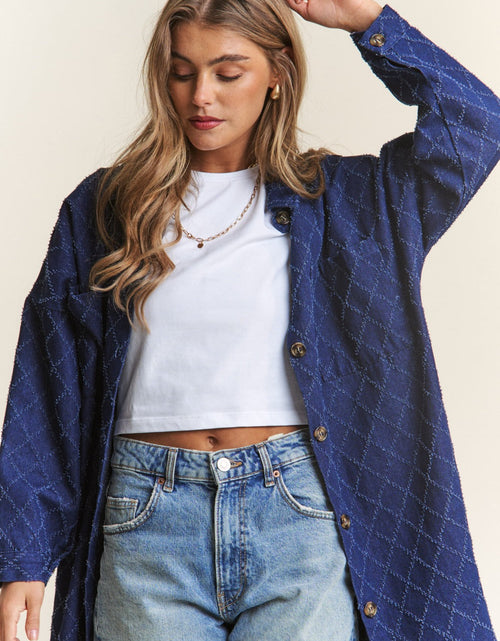 Load image into Gallery viewer, J.NNA Rhombus Stitched Button Up Denim Shacket
