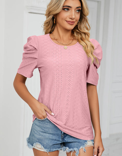 Load image into Gallery viewer, Eyelet Round Neck Puff Sleeve T-Shirt

