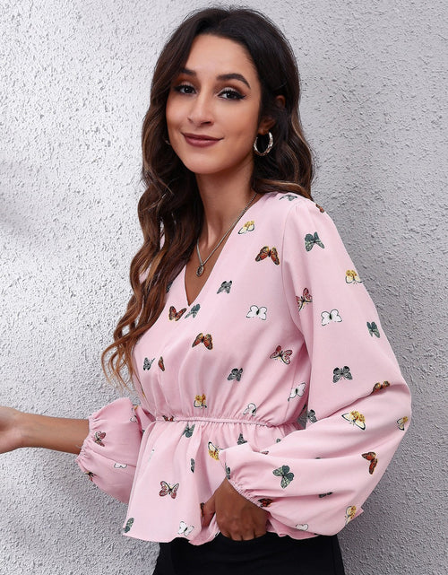 Load image into Gallery viewer, Butterfly V-Neck Balloon Sleeve Peplum Blouse
