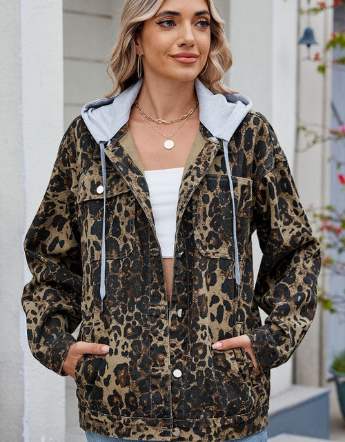 Load image into Gallery viewer, Pocketed Leopard Long Sleeve Denim Jacket
