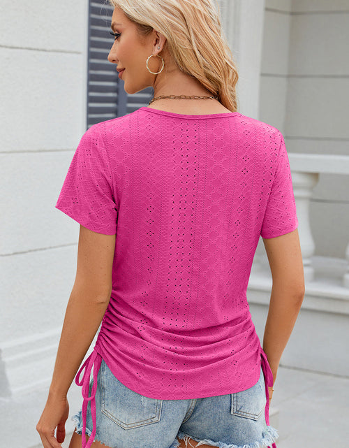 Load image into Gallery viewer, Eyelet Round Neck Short Sleeve T-Shirt
