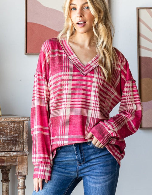 Load image into Gallery viewer, Heimish Plaid Drop Shoulder V-Neck T-Shirt
