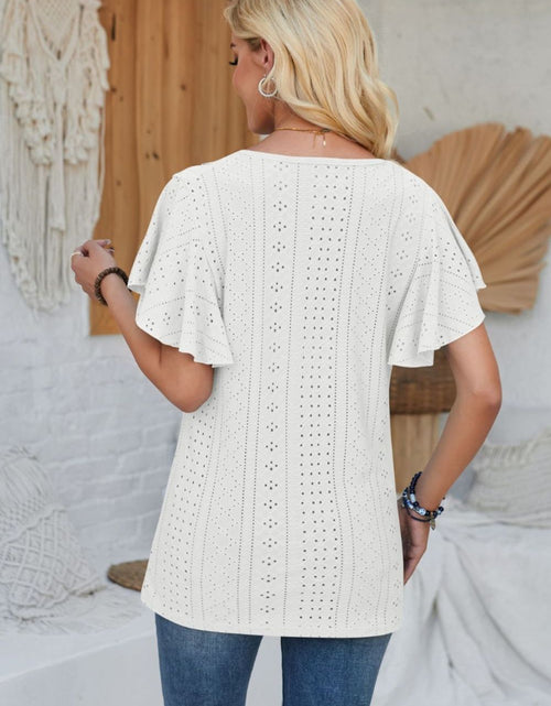 Load image into Gallery viewer, Eyelet Applique V-Neck Cap Sleeve T-Shirt
