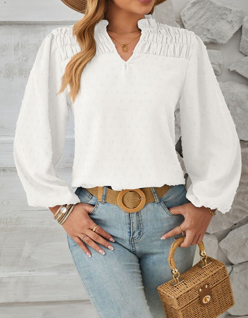 Load image into Gallery viewer, Ruched Swiss Dot Notched Balloon Sleeve T-Shirt
