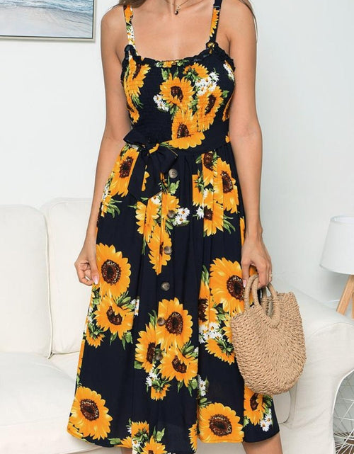 Load image into Gallery viewer, Smocked Sunflower Printed Sleeveless Cami Dress

