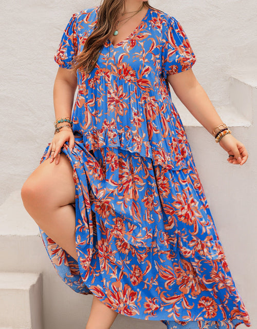 Load image into Gallery viewer, Plus Size Ruffled Printed V-Neck Short Sleeve Maxi Dress
