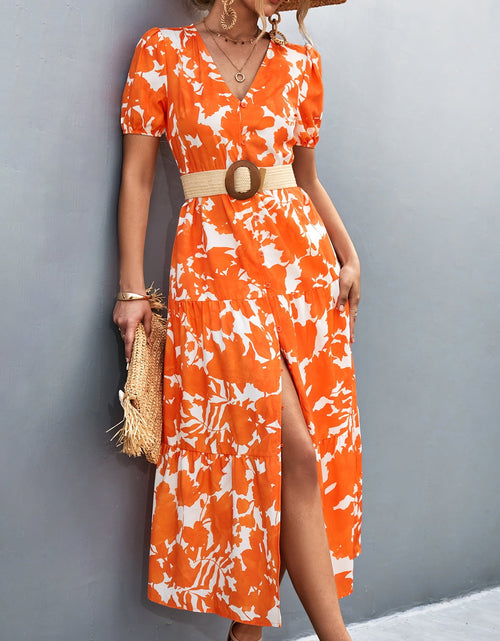 Load image into Gallery viewer, V-Neck Short Sleeve High Slit Midi Dress
