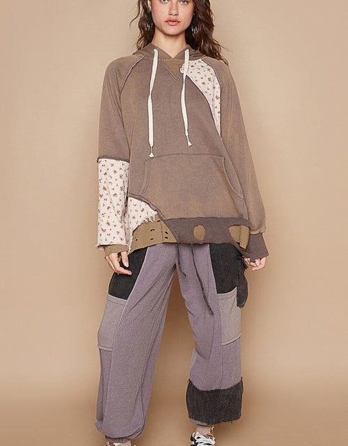 Load image into Gallery viewer, POL Floral Patchwork Distressed Drawstring Hoodie
