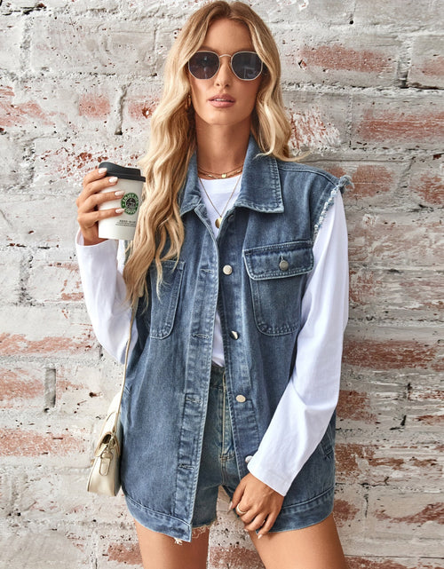 Load image into Gallery viewer, Raw Hem Sleeveless Button Up Denim Jacket
