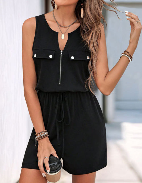 Load image into Gallery viewer, Perfee Drawstring Half Zip Sleeveless Romper
