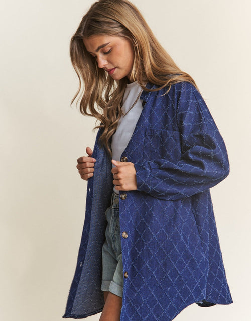 Load image into Gallery viewer, J.NNA Rhombus Stitched Button Up Denim Shacket

