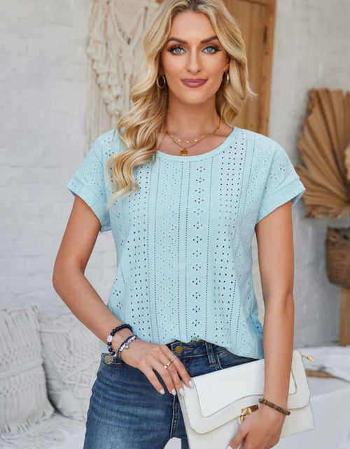 Load image into Gallery viewer, Eyelet Round Neck Rolled Short Sleeve T-Shirt
