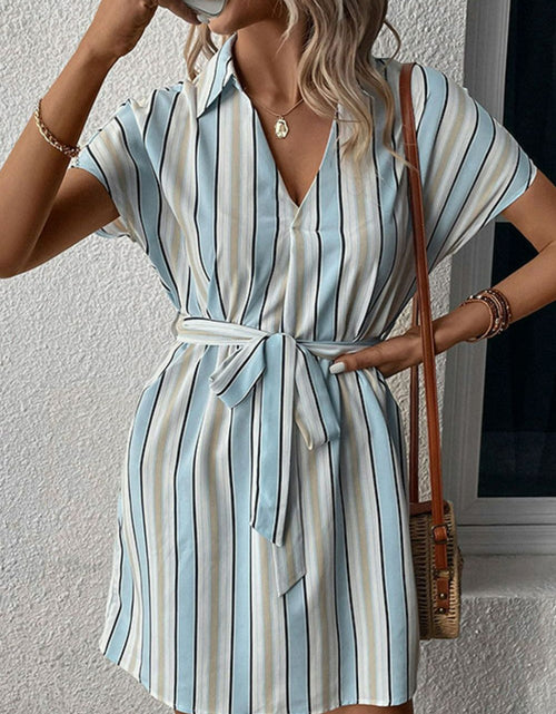 Load image into Gallery viewer, Perfee Striped Johnny Collar Tie-Waist Dress
