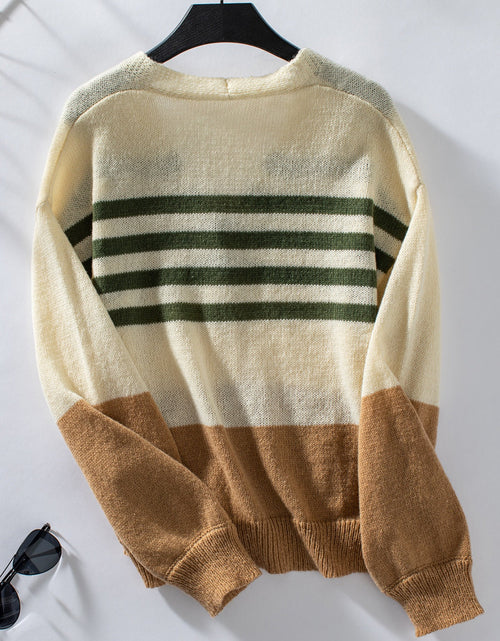 Load image into Gallery viewer, Color Block V-Neck Button Down Long Sleeve Cardigan
