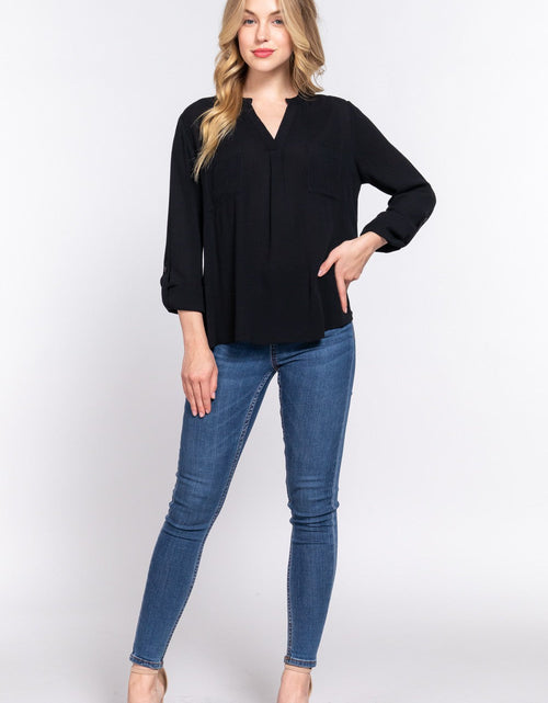 Load image into Gallery viewer, ACTIVE BASIC Full Size Notched Long Sleeve Woven Top
