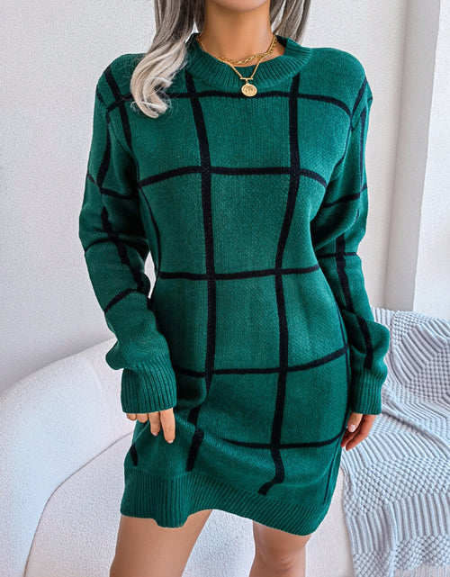 Load image into Gallery viewer, Plaid Round Neck Dropped Shoulder Sweater Dress
