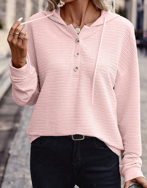 Load image into Gallery viewer, Drawstring Quarter Button Long Sleeve Hoodie
