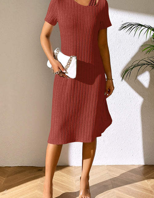 Load image into Gallery viewer, Ivy Lane Ribbed Asymmetrical Neck Short Sleeve Dress
