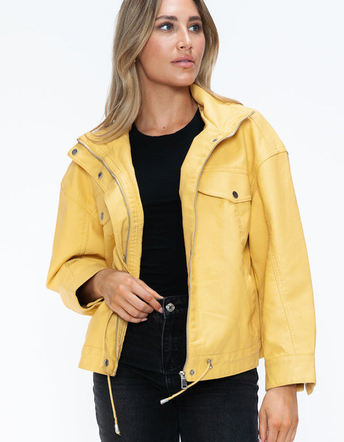 Load image into Gallery viewer, How Dare U Drawstring Hem PU Leather Zip Up Jacket
