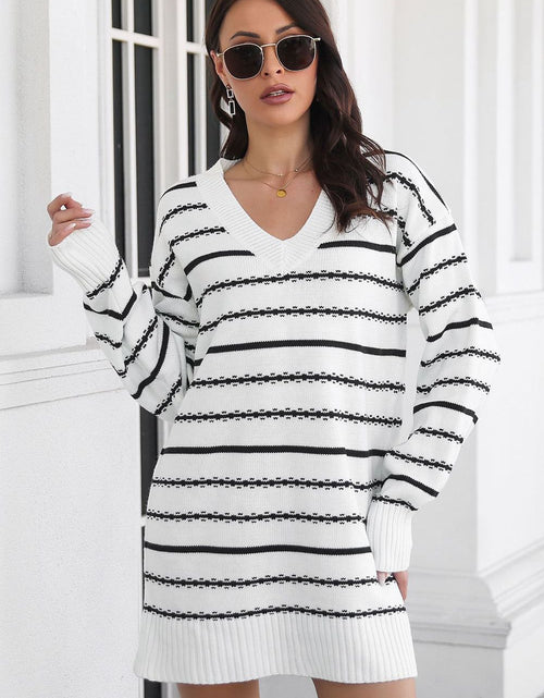 Load image into Gallery viewer, Striped V-Neck Sweater Dress
