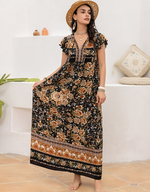 Load image into Gallery viewer, Ruffled Printed Tie Neck Cap Sleeve Dress
