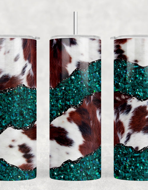Load image into Gallery viewer, faux cowhide and Teal faux glitter|Skinny Tumbler|Optional Bluetooth Speaker| Speaker Color Varies by Rowdy Ridge Co
