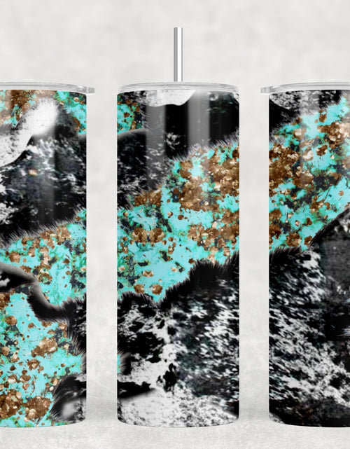 Load image into Gallery viewer, faux cowhide and Turquoise|Skinny Tumbler|Optional Bluetooth Speaker| Speaker Color Varies by Rowdy Ridge Co
