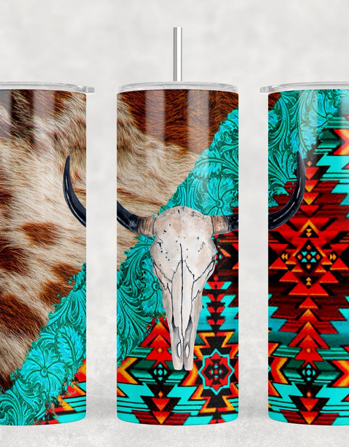 Load image into Gallery viewer, faux cowhide Aztec Bull Skull - 20 oz Steel Skinny Tumbler - Optional Blue Tooth Speaker - Speaker Color will Vary by Rowdy Ridge Co
