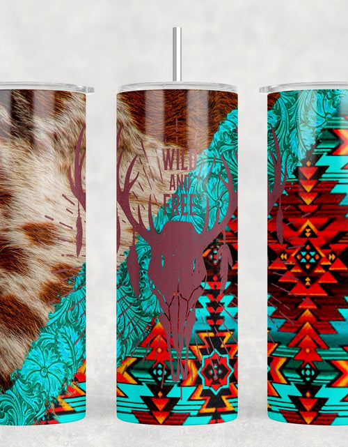 Load image into Gallery viewer, faux cowhide Aztec Deer Skull  - 20 oz Steel Skinny Tumbler - Optional Blue Tooth Speaker - Speaker Color will Vary by Rowdy Ridge Co
