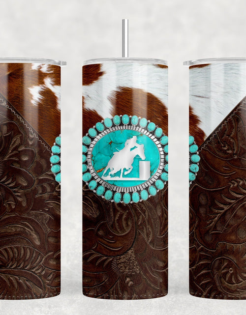 Load image into Gallery viewer, faux cowhide faux leather Barrel Racer - 20 oz Steel Skinny Tumbler - Optional Blue Tooth Speaker - Speaker Color will Vary by Rowdy Ridge Co
